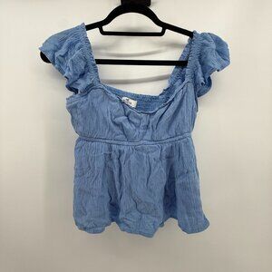 Hollister Babydoll Flutter Sleeve Blue Stretchy Flowy Festival Sz Small Crop Top